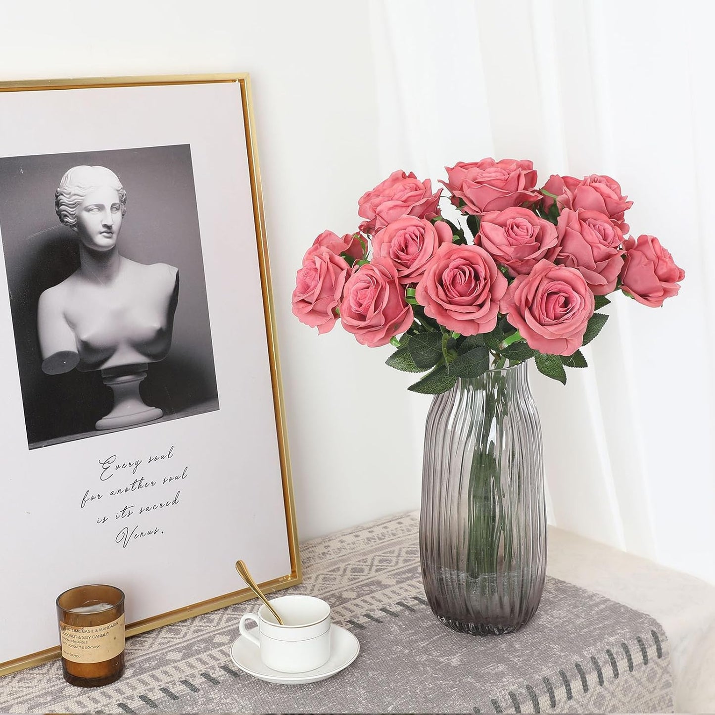 Pink Fake Roses Artificial Flowers - 16 Pcs Fake Artificial Roses Silk Flowers with Stems for Home Wedding Hotel Office Centerpiece Decor（Coral Pink）