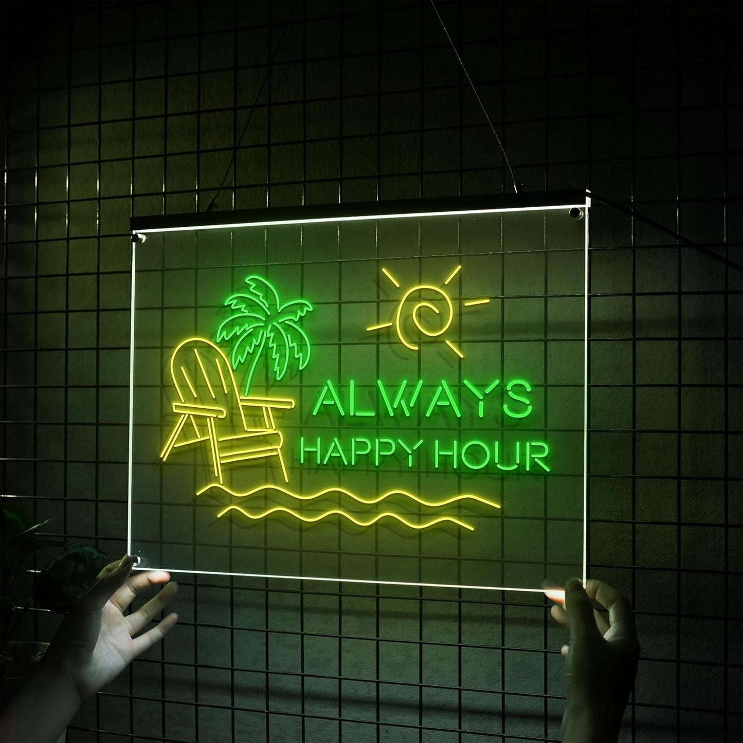 LIGHT UP LUXE Always Happy Hour Neon Sign, Bar Sign for Home Bar, Palm Tree  & Sun Wall Decor, Summer Vibes Neon Light for Patio and  Poolside