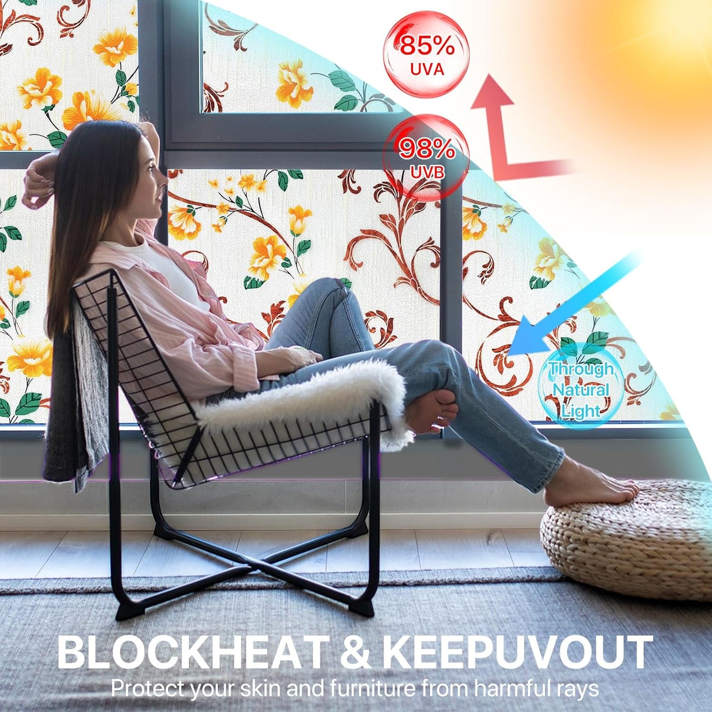 Niviy Stained Glass Window Privacy Film with Installation Tools, 3D Frosted Glass Window Decals UV Protection Sun Blocking Static Clings Non Adhesive Window Stickers for Home 17.5 x 78.7 inch