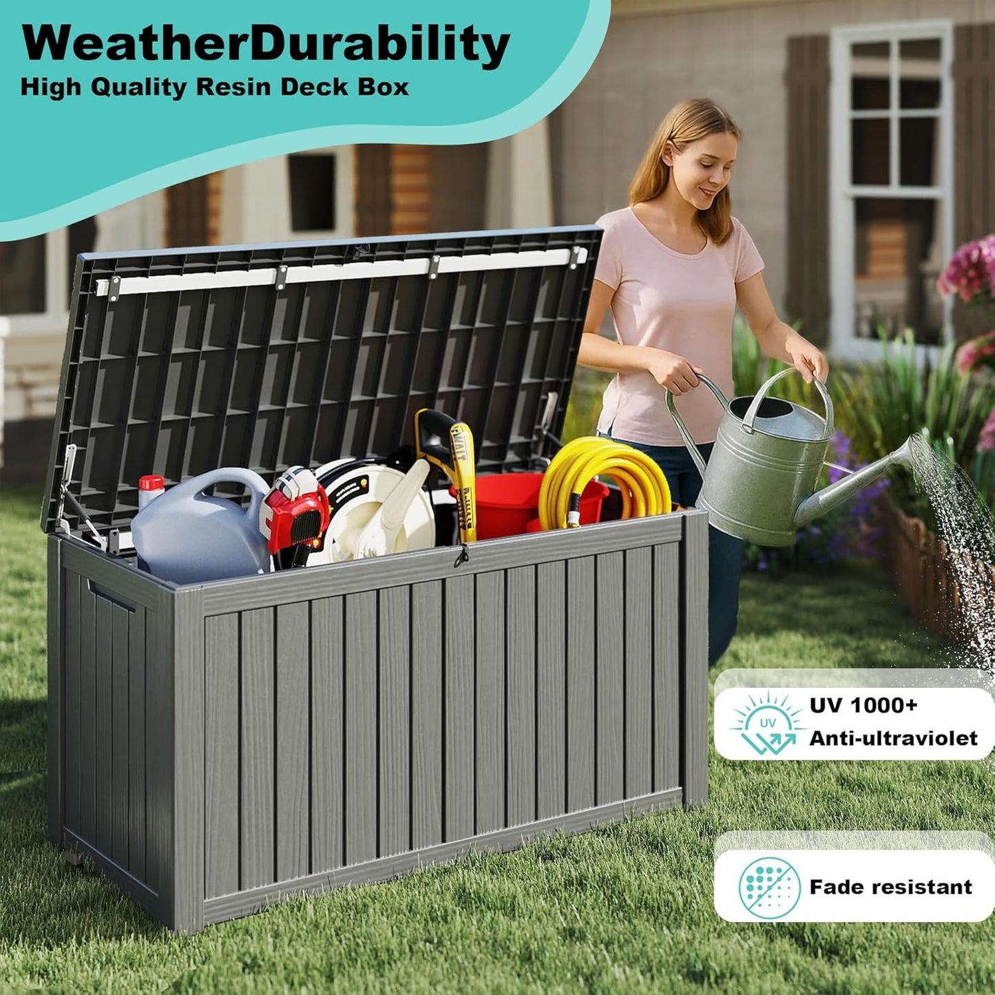 150Gal Outdoor Deck Box Waterproof, Lager Patio Storage Box Indoor and Outdoor Use, Lockable Resin Storage Bin for Patio Furniture Cushions Garden Tools, Package Delivery,UV Resistant-Black