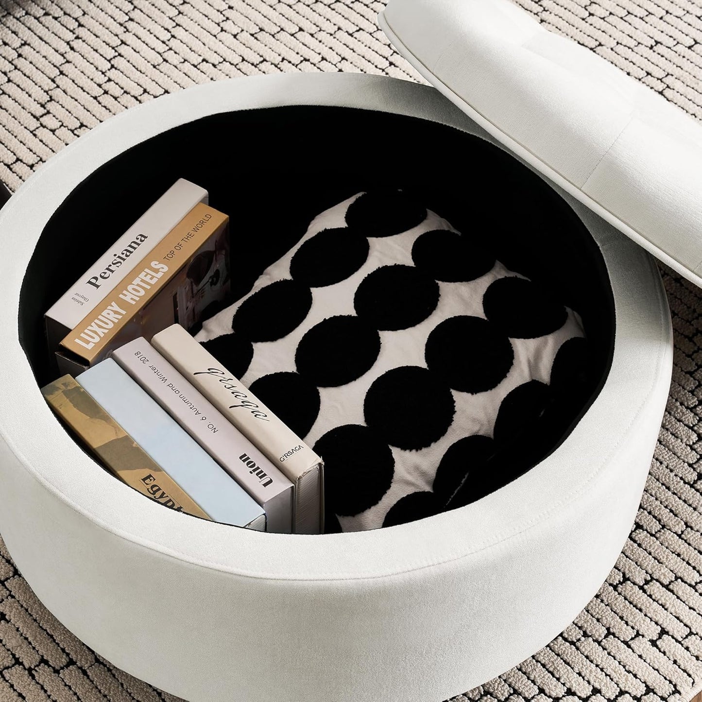 30-Inch Large Round Ottoman, Tufted Coffee Table with Removable Lid Top, Upholstered Footrest Modern Button Circle Storage Ottoman for Living Room, Office, Ivory