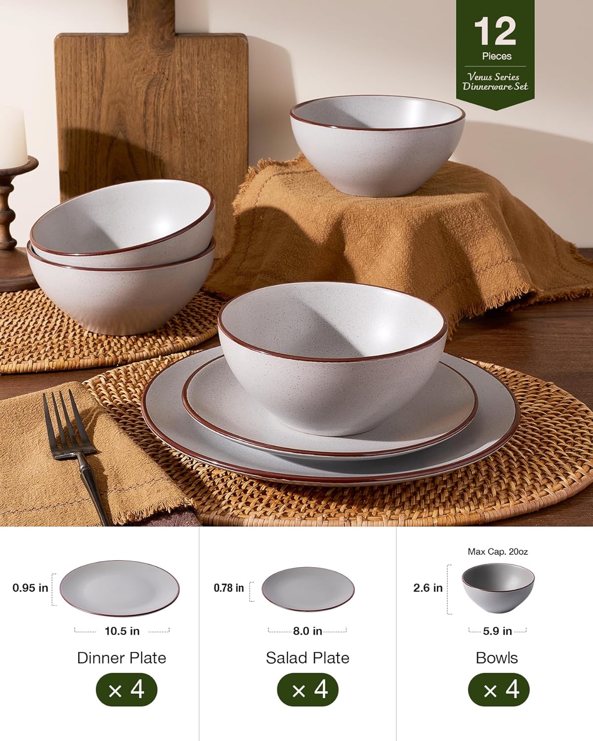 Famiware Venus Plates and Bowls Sets, 12 Pieces Stoneware Speckled Dinnerware Sets, Dishes Set for 4, Microwave and Dishwasher Safe, Matte Light Grey