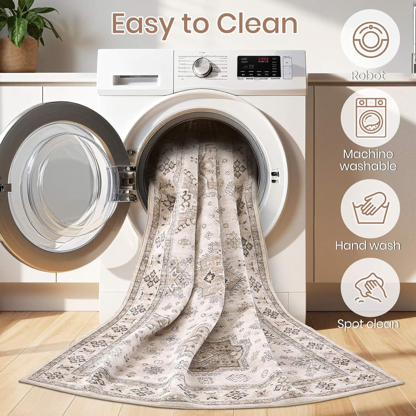 Washable Area Rugs for Living Room - 5x7 Neutral Vintage Distressed Floral Farmhouse Boho Large Soft Floor Rug Indoor Non Slip Carpet for Living Room Bedroom Dining Room Office - Beige Brown