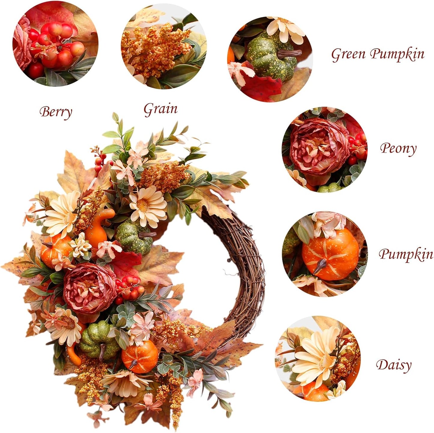 20Inch Fall Wreaths for Front Door,Fall Decorations for Home,Autumn Wreaths with Pumpkin Peony Sunflowers Berry Wreaths,Fall Door Wreath for Thanksgiving Halloween Farmhouse Home Outdoor Indoor Decor