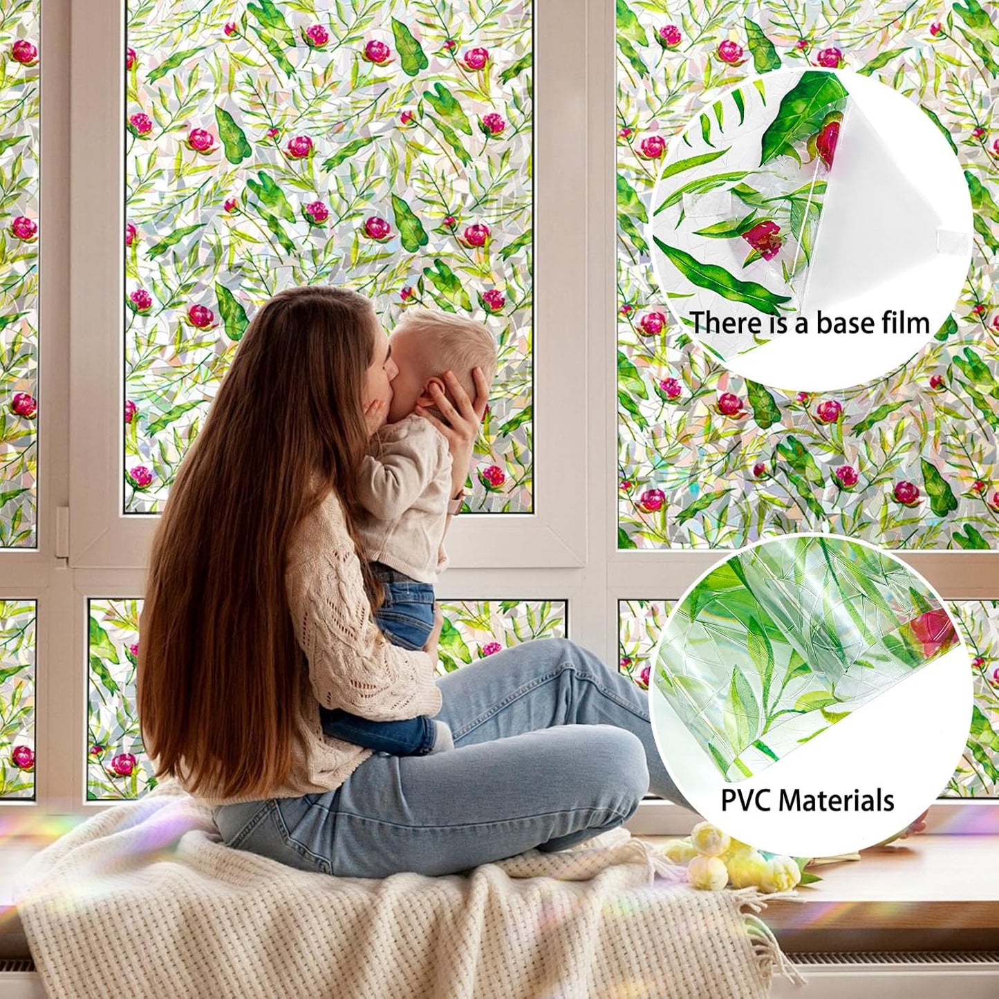 Rainbow Window Privacy Film 3D Floral Decorative Stained Glass Window Film Anti UV Non-Adhesive Reusable 17.5" x 157.4" for Home Room Car Glass Cling