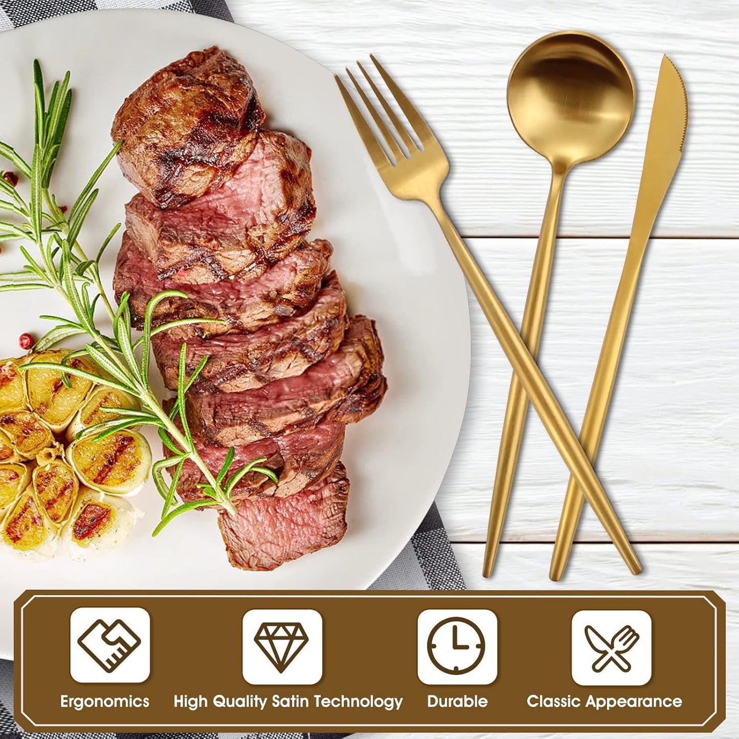 Matte Gold Silverware Set, 20-Piece Stainless Steel Flatware, Tableware Cutlery Service for 4, Satin Finish Utensils, Knife Fork Spoon for Home and Restaurant, Dishwasher Safe