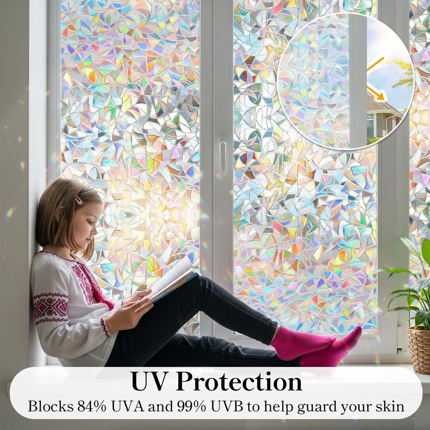 DUOFIRE Rainbow Window Clings for Glass, Stained Glass Window Film Decorative, 3D Decals Windows Cover, Suncatcher Static Cling Sticker Windows for Home,11.8 x 47 inch