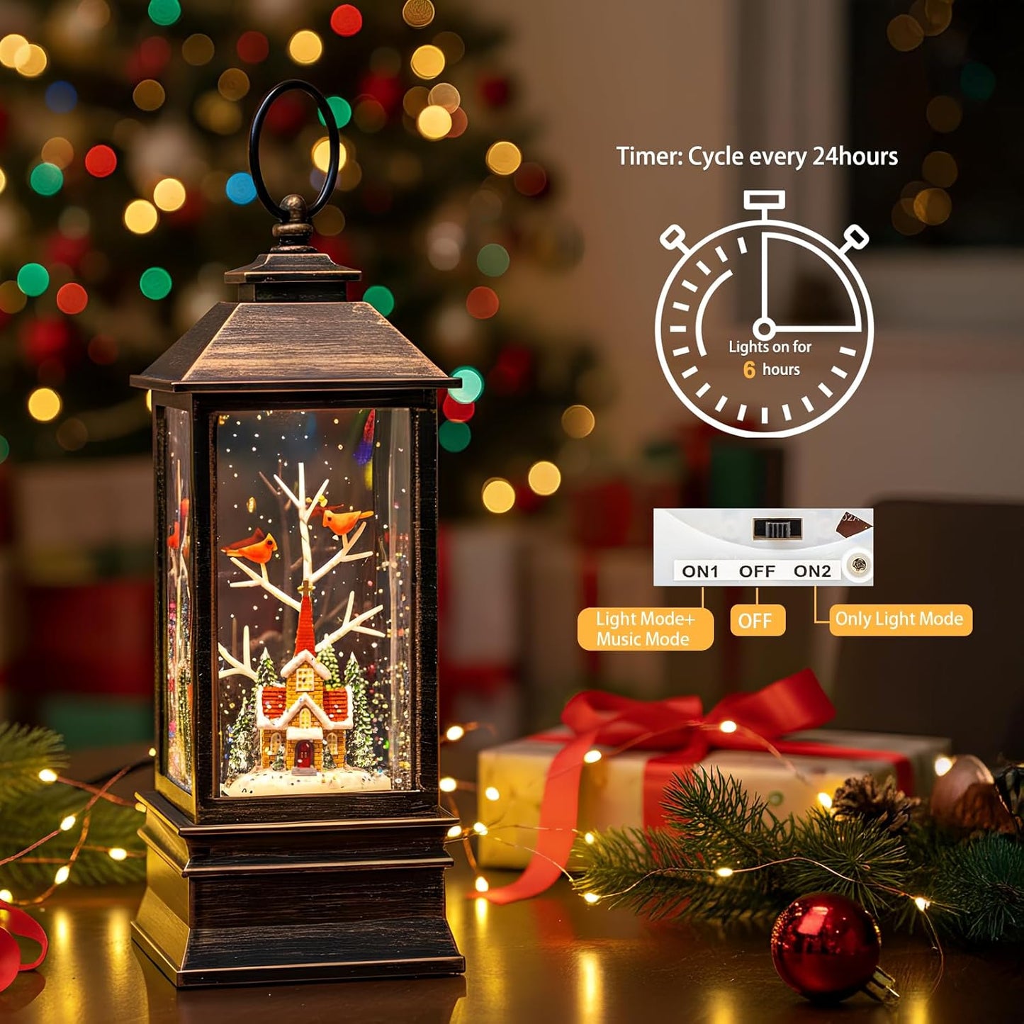 10'' Christmas Snow Globe Lantern Lighted Christmas Village Church Scene Musical Water Lantern with Swirling Glittering Home Decoration and Gift, Battery Operated or USB Powered