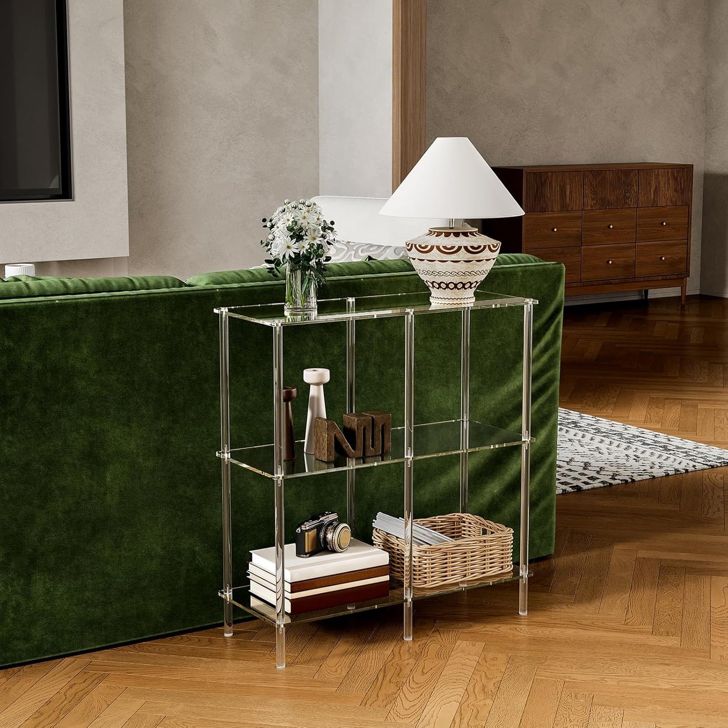 Acrylic Console Table, 29.5" Small Entryway Table with Open Shelves, Clear Entry Table for Sofa, Foyer, Hallway, Living Room, Easy Assembly, 3 Tier, 11.8" D x 31.7" H