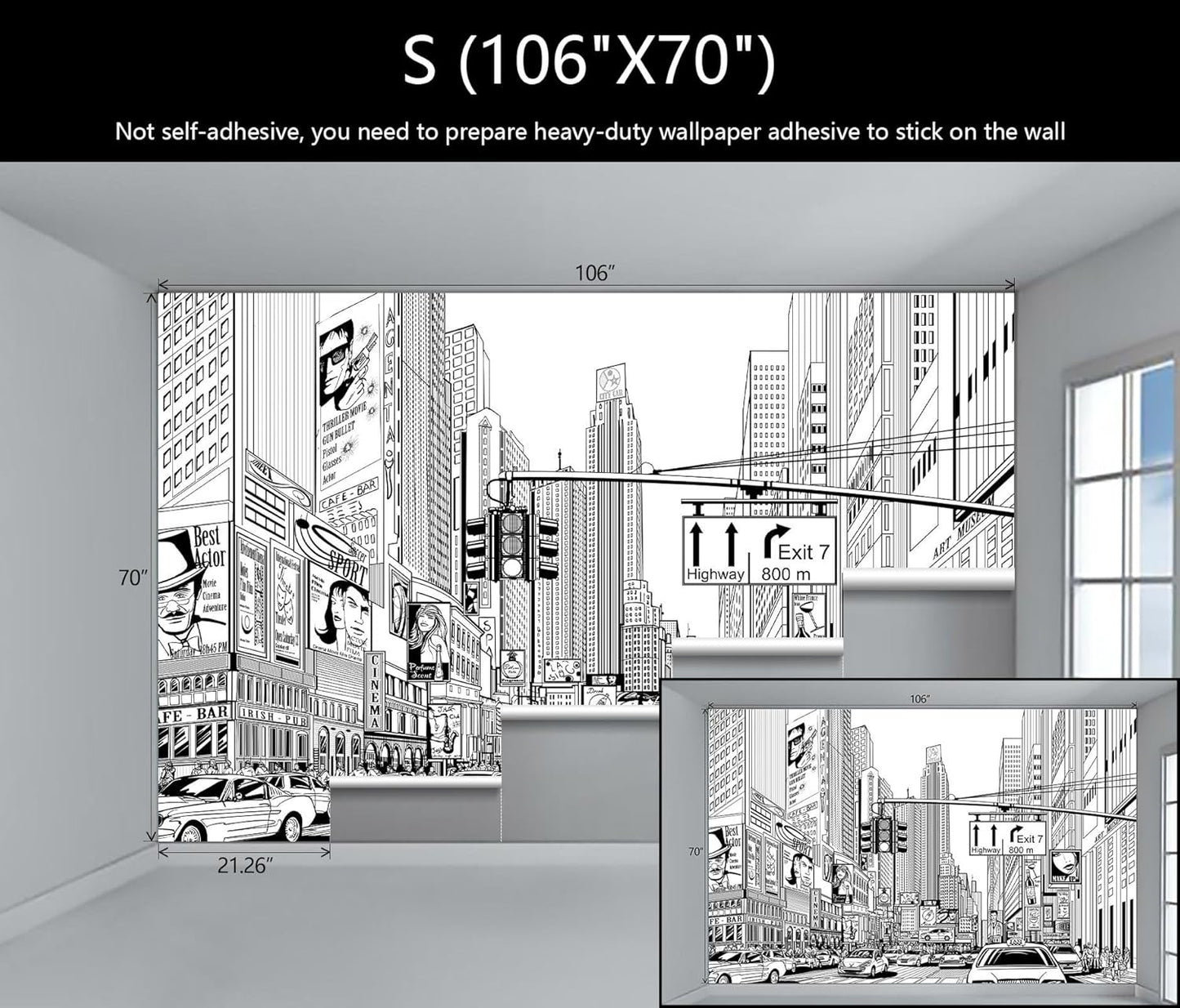 WFBHUA-Black and White New York City Wallpaper Hand Painted Times Square Wall Mural Decoration for Living Room Bedroom Offices(Not Peel and Stick)