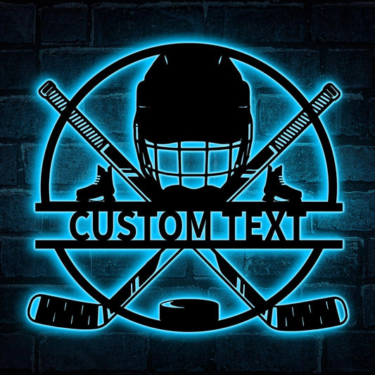 Custom Hockey LED Wall Sign – Personalized Ice Hockey Helmet & Sticks Neon Sign, 16-Color LED with Remote Control, Hockey Decor for Boys Room, Man Cave, Sports Fans