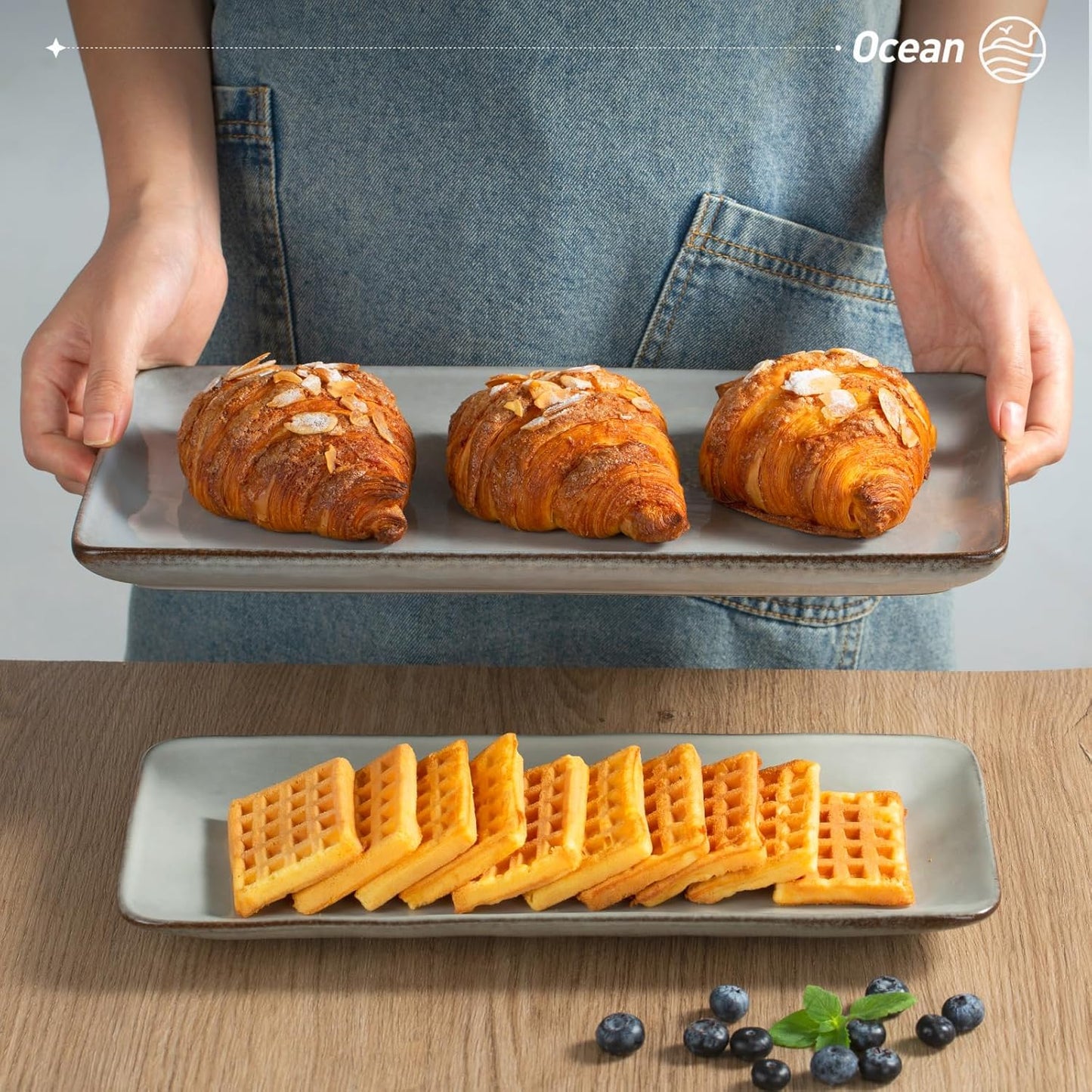 famiware Serving Platter, Rectangular 15.67/14.1/12.6inch Serving Dishes for Entertaining, Reactive Glaze, Stoneware Serving Trays for Party, Food, Turkey, Snack, Cheese, Ocean Series, Grey
