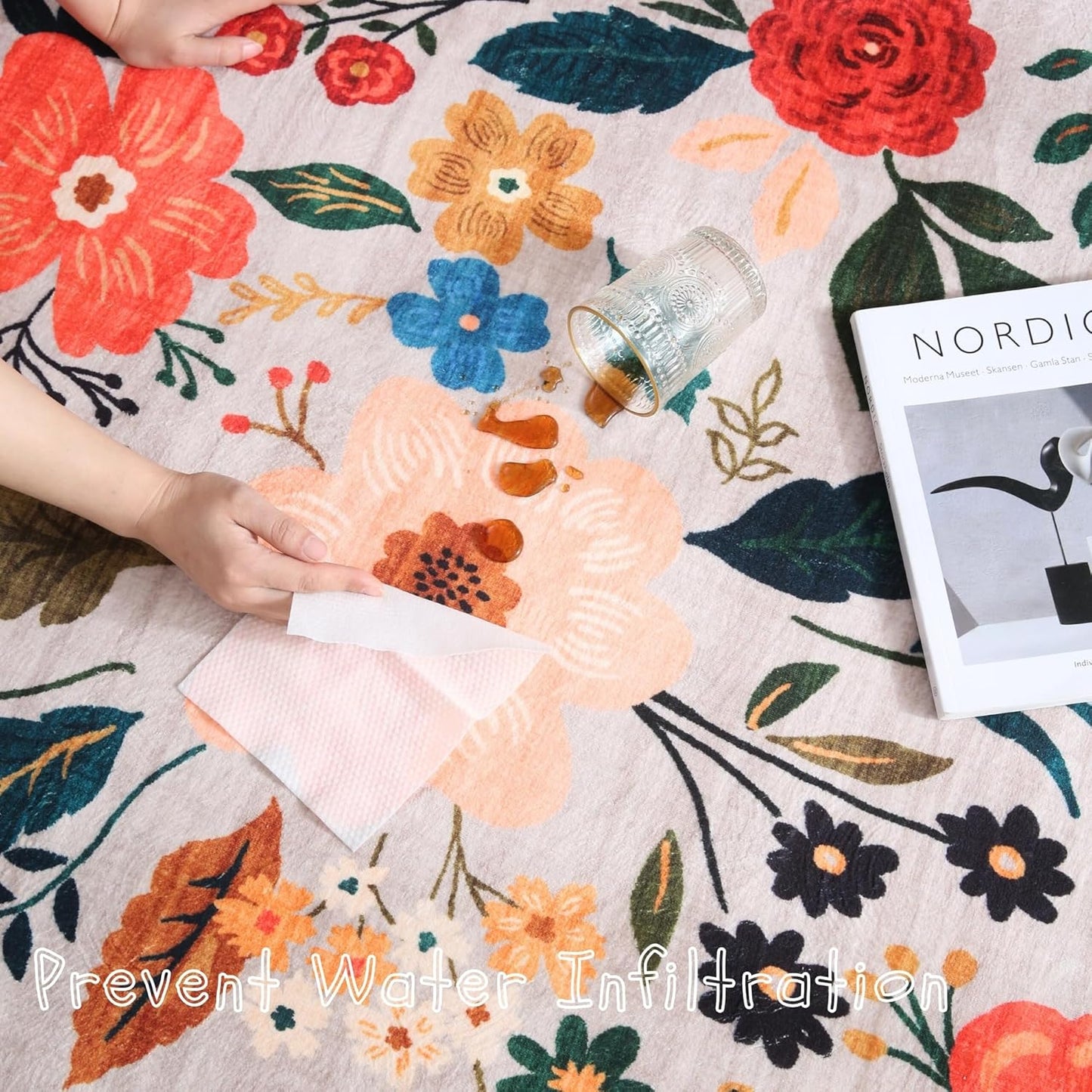 Area Rugs 9x12 Living Room Clearance Washable Boho Rug Non Slip Floral Vintage Low Pile Large Rug for Living Room, Bedroom, Farmhouse, Dining Room, Kids Playroom(Beige)