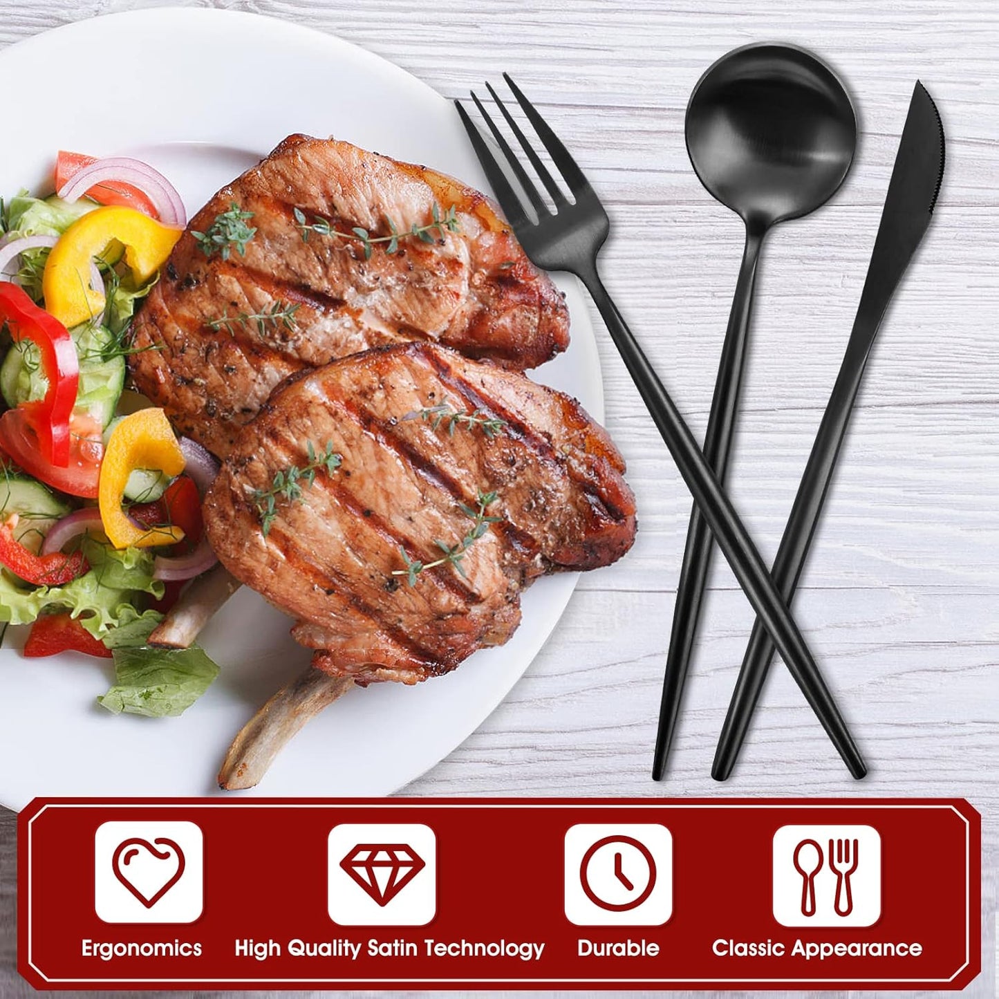 Matte Black Silverware Set, 20-Piece Stainless Steel Flatware Set, Tableware Cutlery Set Service for 4, Satin Finish Utensils Set, Knife Fork Spoon Set for Home and Restaurant, Dishwasher Safe