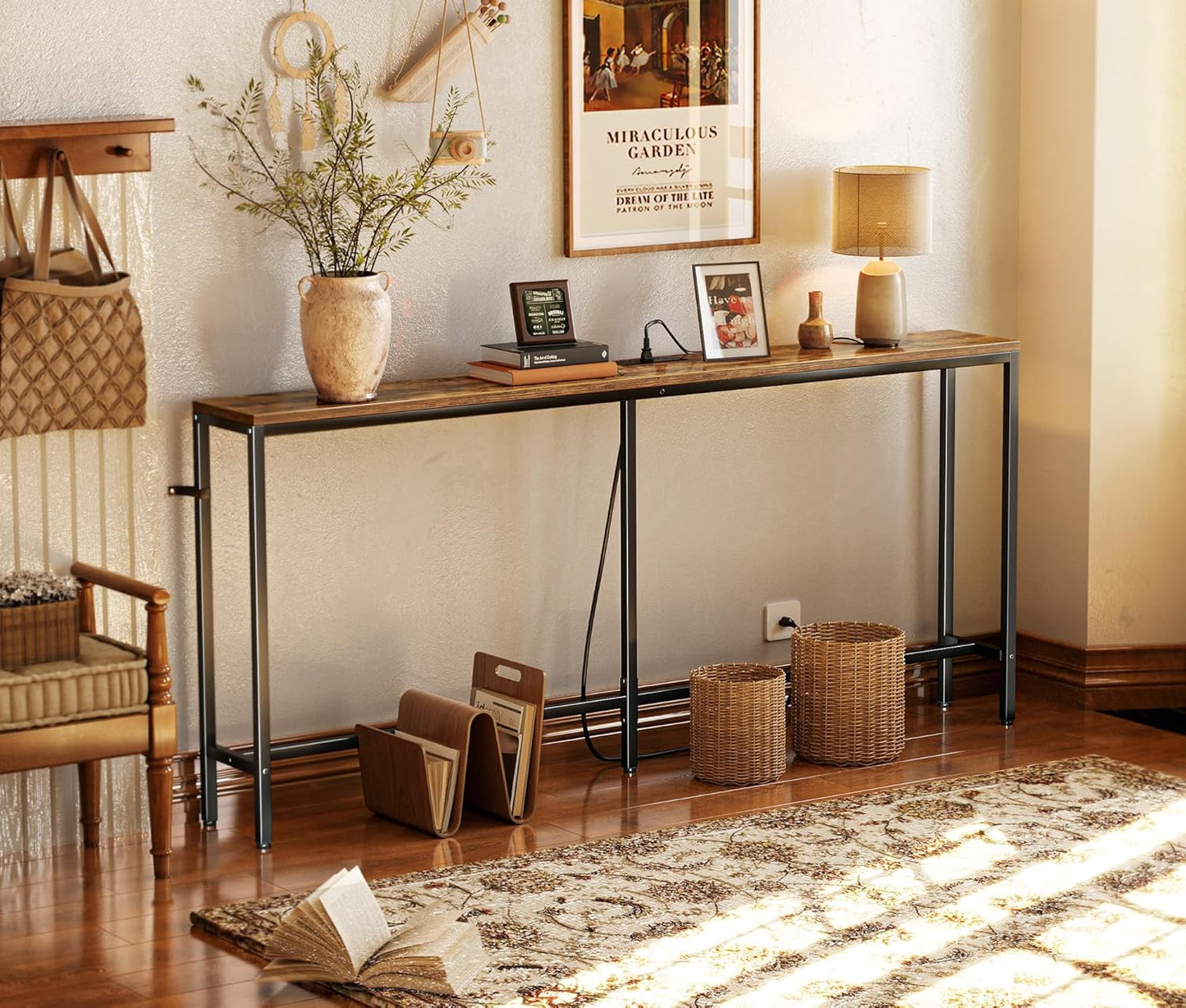SUPERJARE 70 Inch Console Table with Outlet, Sofa Table with Charging Station, Narrow Entryway Table, Skinny Hallway Table, for Living Room, Rustic Brown