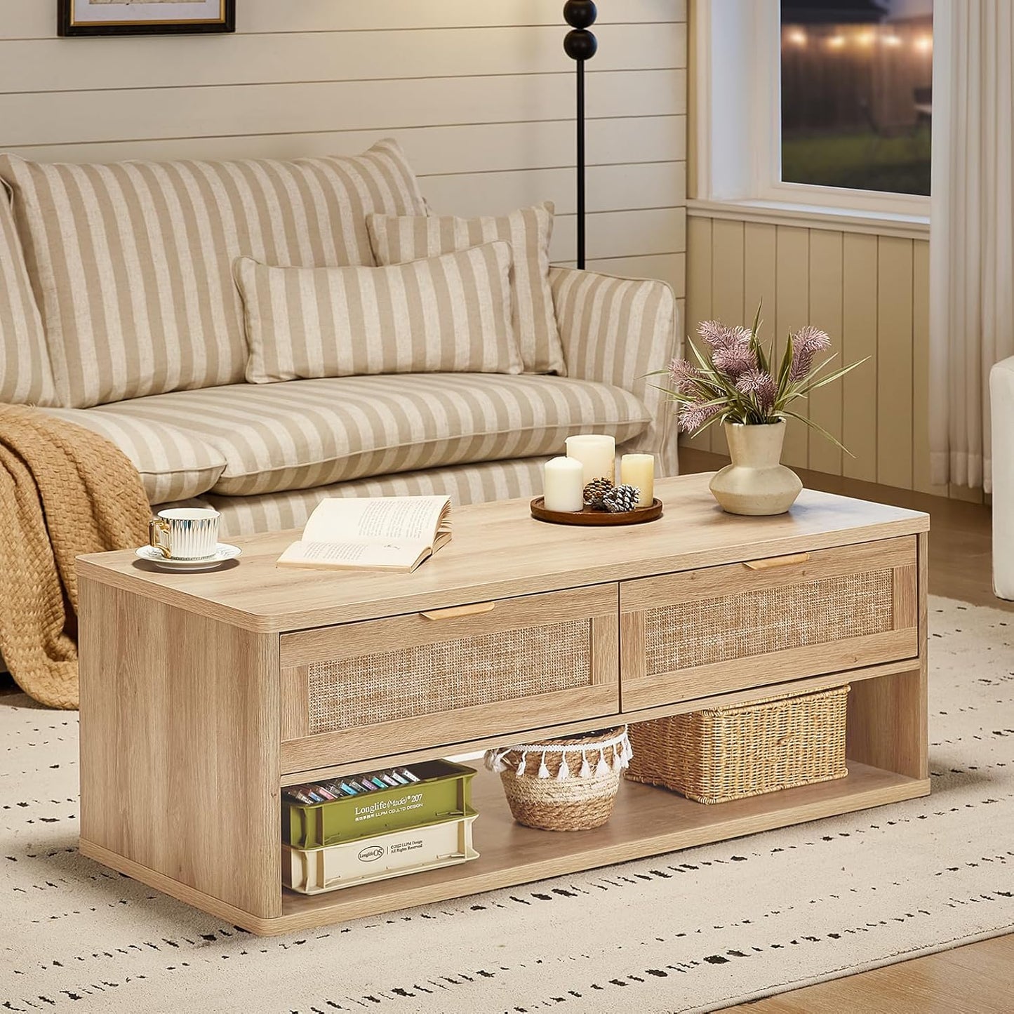 LEYAOYAO Boho Rattan Coffee Table Sets 3 Pieces, Nightstand with Charging Station and Coffee Table with Hidden Storage Compartment, Natural Living Room Table Set, Wood Furniture Sets for Home Office