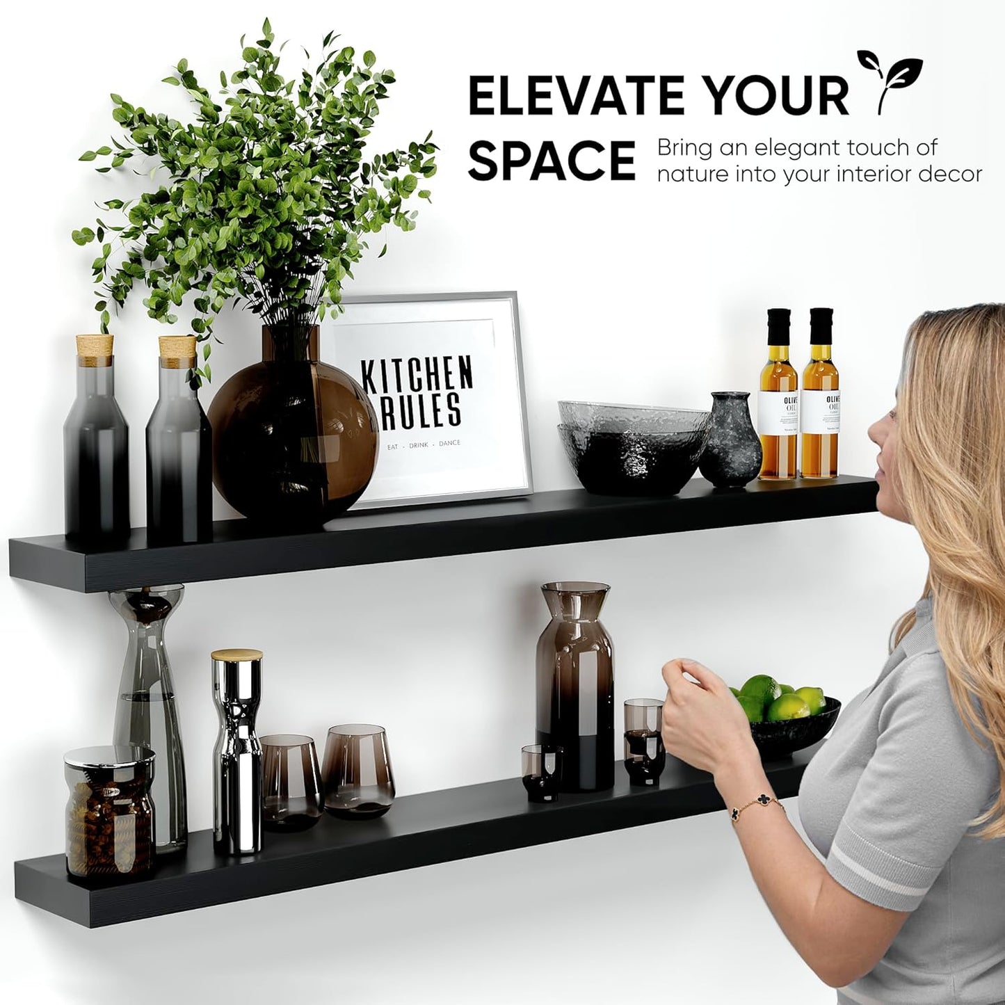 Homeforia Black Floating Shelf 48 inches, High End Solid Real Wood 48 inch Long Floating Shelves for Wall, Black Wooden 48inch Large Floating Shelves, Heavy Duty Bracket, 48 X 6.5 X 1.75 in, Set of 2