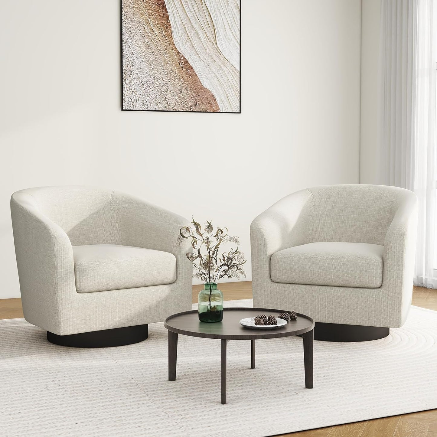 Swivel Barrel Accent Chair, Modern Round Linen Arm Chair for Living Room, Bedroom, Comfy Club Reading Chairs for Adults（Linen Fabric, Beige, Set of 2
