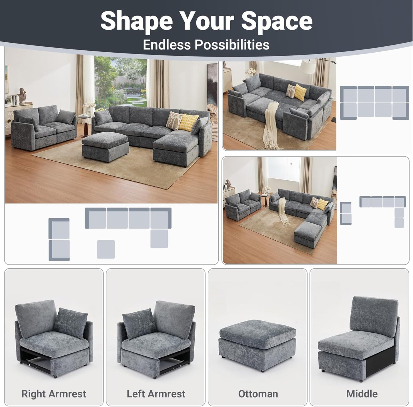 Tbfit Modular Sectional Couch 8 Seat, Cloud Sofa for Living Room,Chenille Sofa Set with Ottoman, Grey