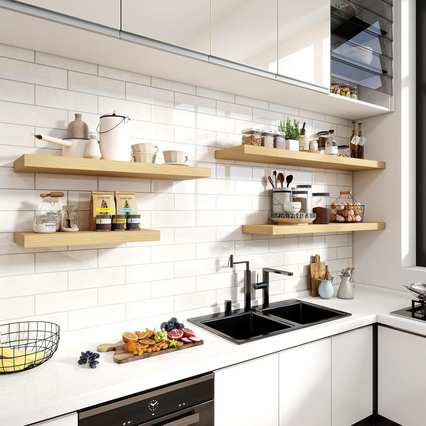 24 Inch Floating Shelves, 11.6 Inch Deep Floating Shelves for Wall, Floating Shelf with Invisible Brackets, Deep Shelves for Bathroom, Bedroom, Living Room, 2 Pack, Natural