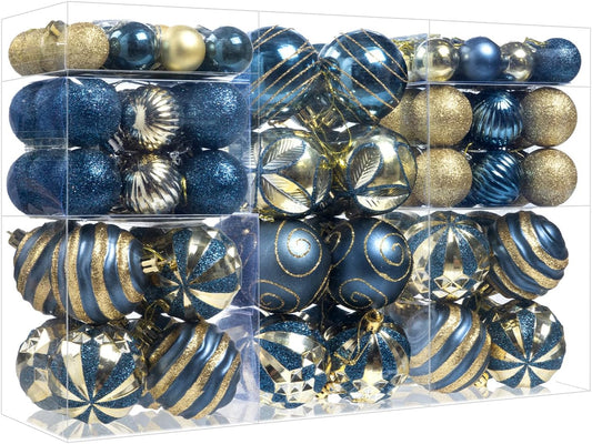100Pcs Christmas Balls Ornaments Set, Shatterproof Christmas Decorations with Hand-held Gift Package for Xmas Tree/Holiday/Wedding/Holiday/Party Decor (Blue & Gold)