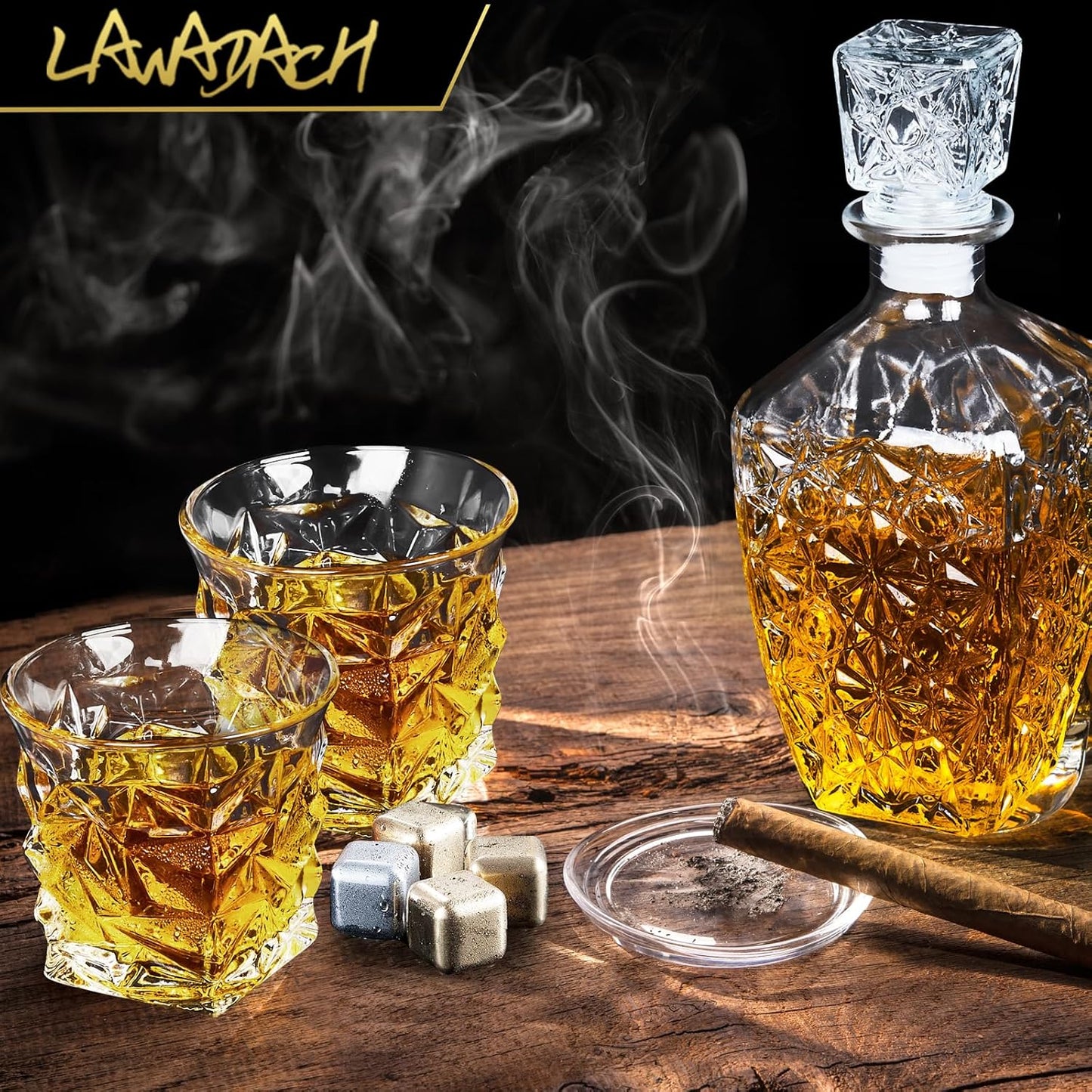 Whiskey Decanter Set,Liquor Decanter Set with 2 Glasses,Decanter set for Men,Decanter for Tequila,Bourbon,Rye,Gifts for Men,Dad,Home Bar Decor - 28oz