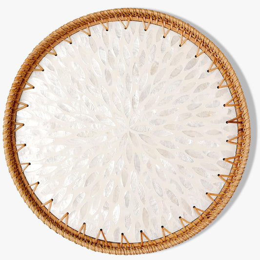 Round Rattan Tray with Mother of Pearl Inlay & Wooden Base - Decorative Wicker Serving Tray for Coffee/Bread/Fruits, Food Storage & Display - Multipurpose Home Decor (M,White Leaves)