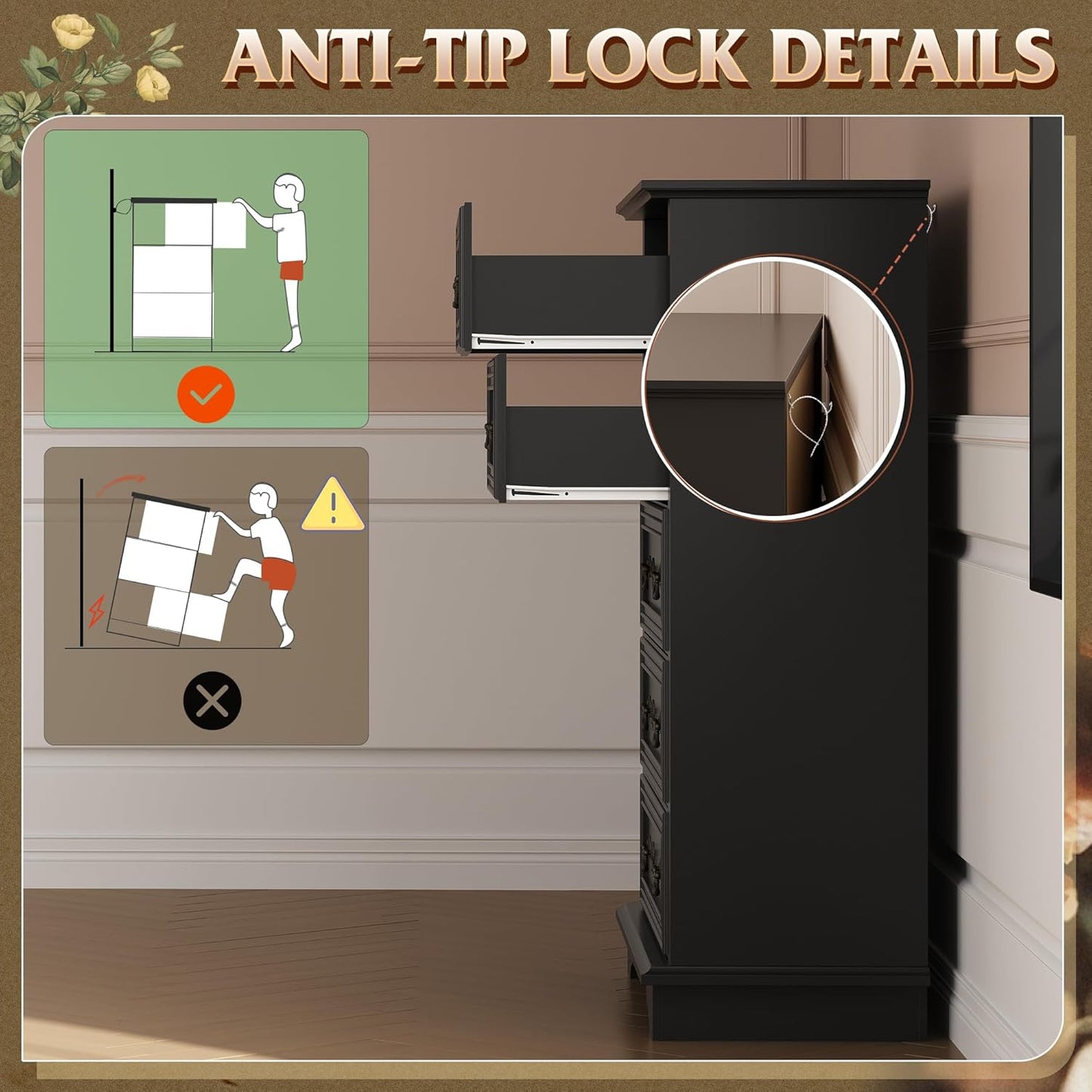 WLIVE Farmhouse Dresser for Bedroom, Tall Wood Dresser with 5 Drawer, Chest of Drawers with Roman Metal Handle for Living Room, Hallway, Closet, Black