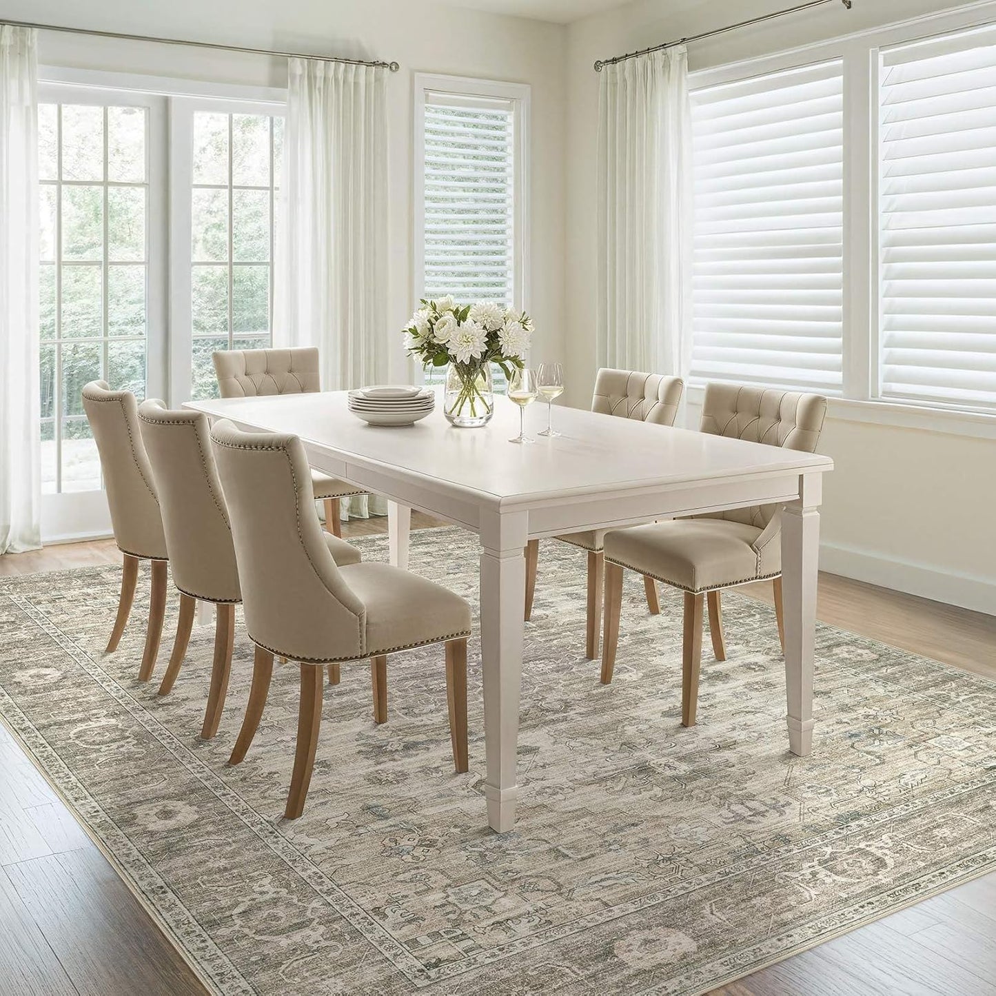 Washable Area Rugs for Living Room -8x10 Neutral Vintage Distressed Floral Farmhouse Boho Large Soft Floor Rug Indoor Non Slip Carpet for Living Room Bedroom Dining Room Office - Brown/Tan