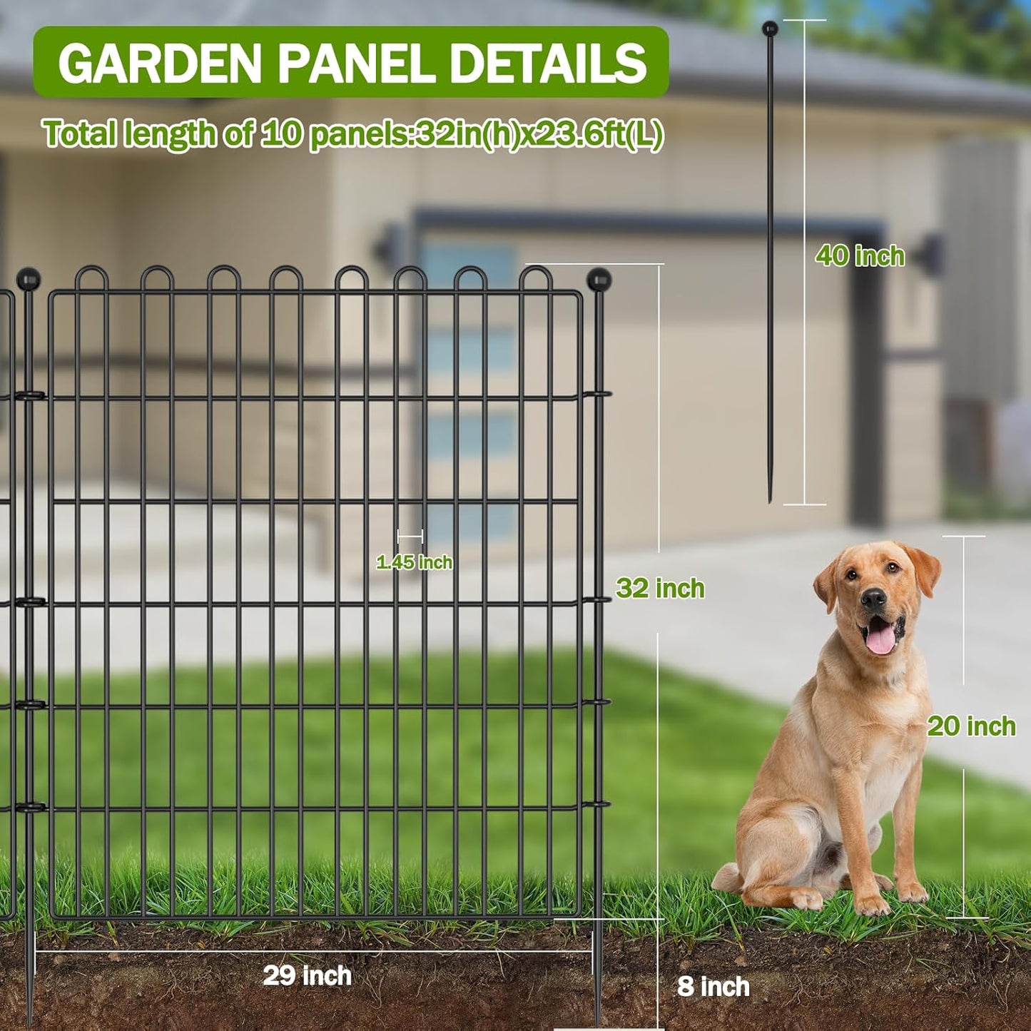 10 Panels No Dig Decorative Garden Fence for Yard, 32 in(H) X 23.6 ft(L) Animal Barrier Fencing for Outdoor Dog, Metal Portable Garden Fences for Borders, Pets, Landscape, Temporary Fence