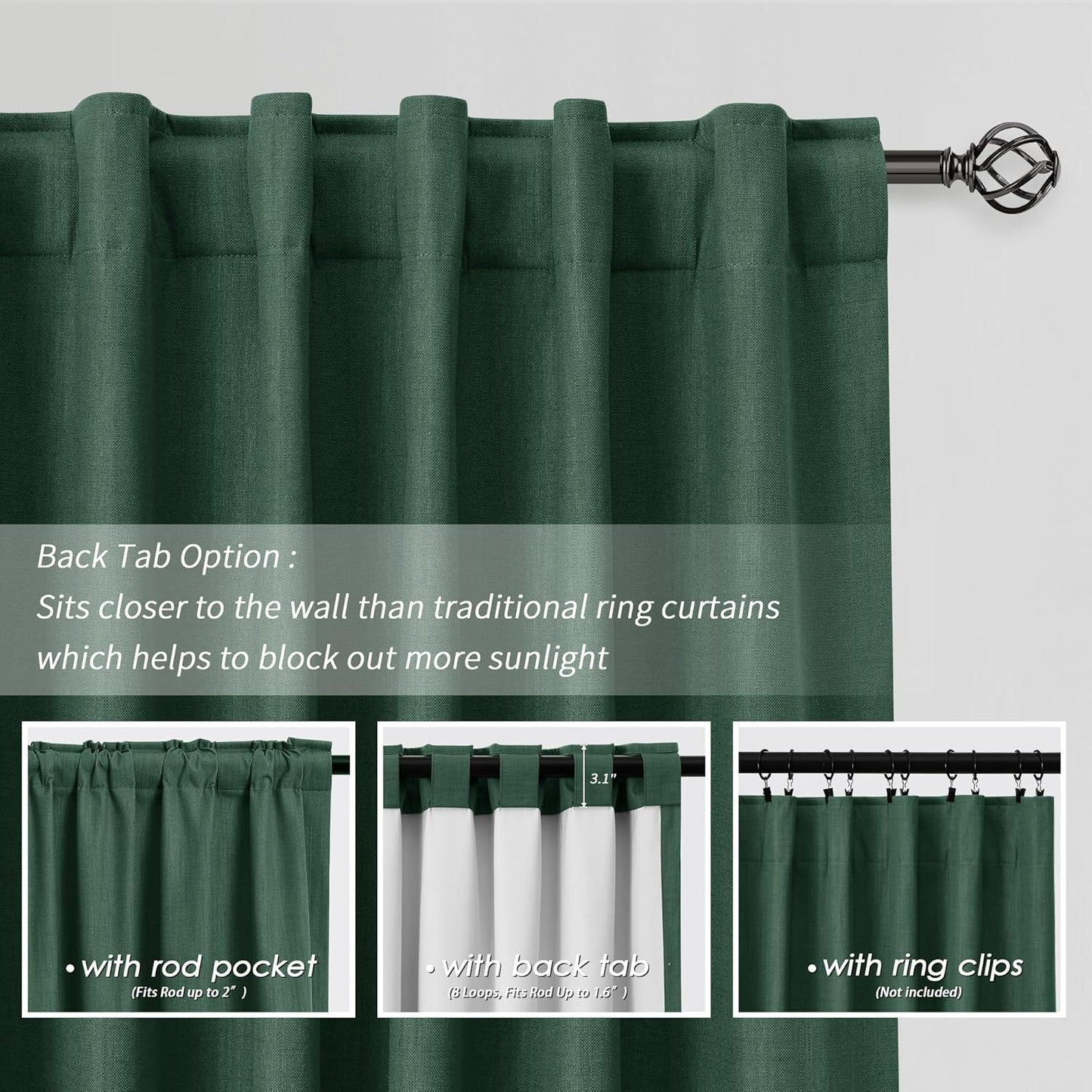 BOODII Full Blackout Curtains 90 Inches Long Room Darkening Curtains for Bedroom Sliding Door Thermal Insulated Black Out Curtains & Drapes Green Linen Curtain 2 Panels Set Back Tab 52x90