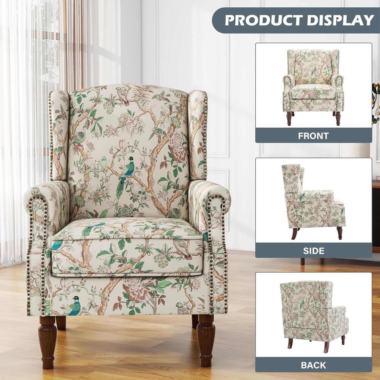 UIXE High Back Accent Chairs Set of 2, Fabric Upholstered Armchair for Living Room, Retro Printed Wingback Arm Chair Rivet Trimed Single Sofa Bedroom Reading Seat - Bird Floral