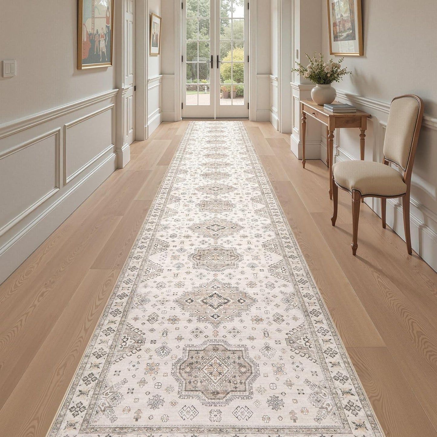 Washable 3x20 Runner Rug - Area Rugs Neutral Vintage Distressed Floral Farmhouse Boho Large Soft Floor Rug Indoor Carpet for Hallway Entryway Home - Beige Brown