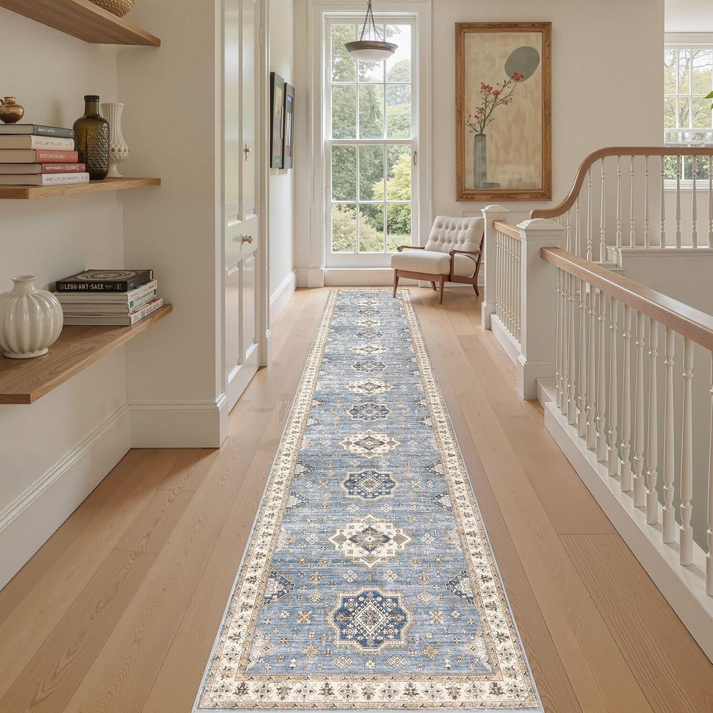 Washable 2.6x14 Runner Rug - Area Rugs Neutral Vintage Distressed Floral Farmhouse Boho Large Soft Floor Rug Indoor Carpet for Hallway Entryway Home - Blue