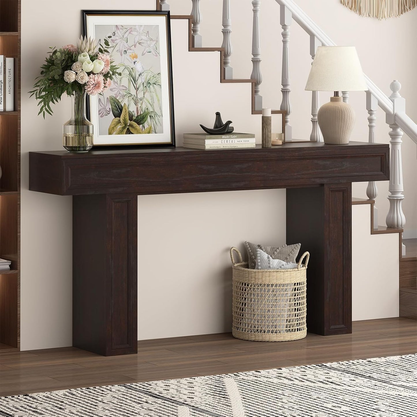 Rresyet 63 Inch Long Console Table, Sofa Table Behind Sofa, Wooden Entryway Table, Farmhouse Entryway Table for Entry, Hallway, Living Room (Cherry)