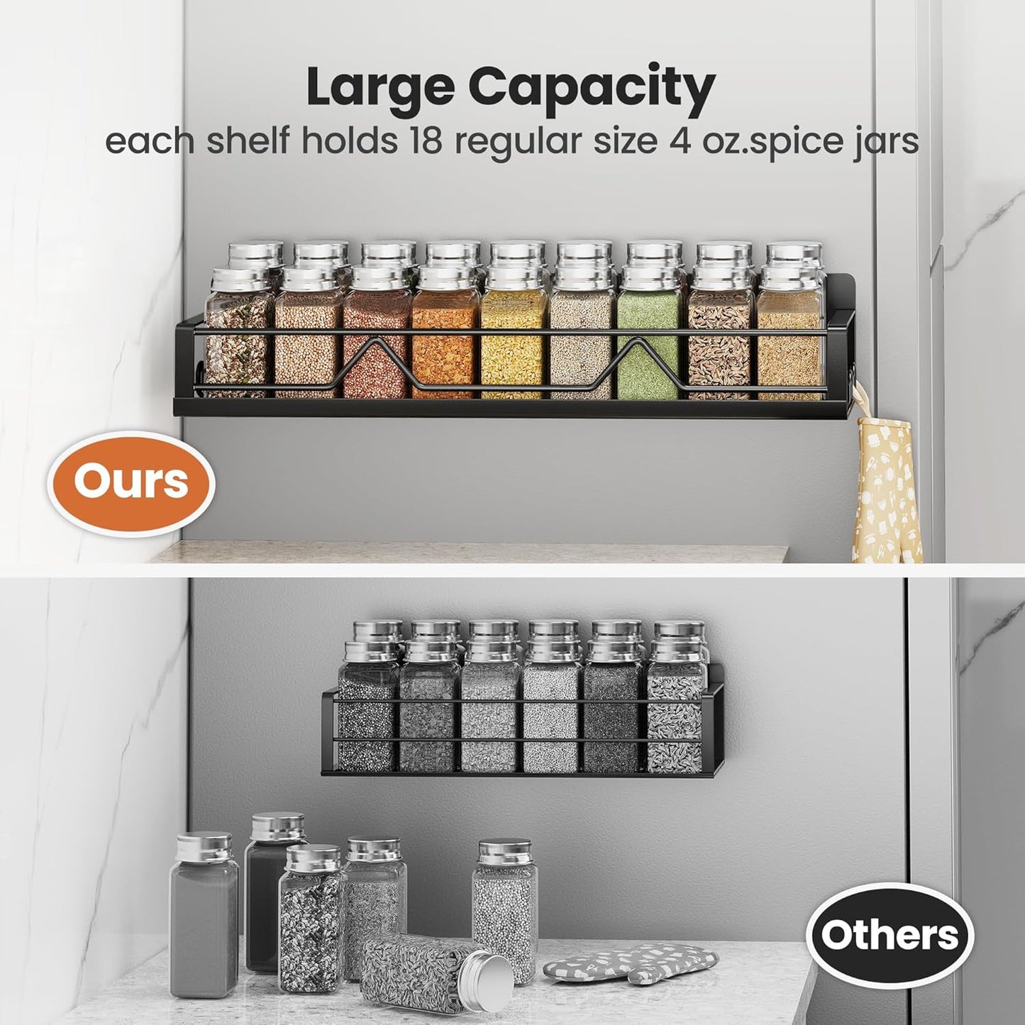 16.9 Inch Wide Large Capacity Magnetic Spice Rack for Refrigerator, 4 Pack Metal Fridge Shelf, Black
