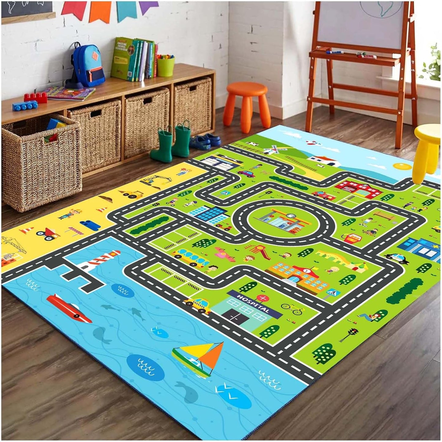 Kids Rug Playroom Car Rug Play Mat City Life Road Rugs Fun City Map for Kids Toy Cars Carpet for Bedroom Boys (Green-Rug, 6.6x9.8ft)
