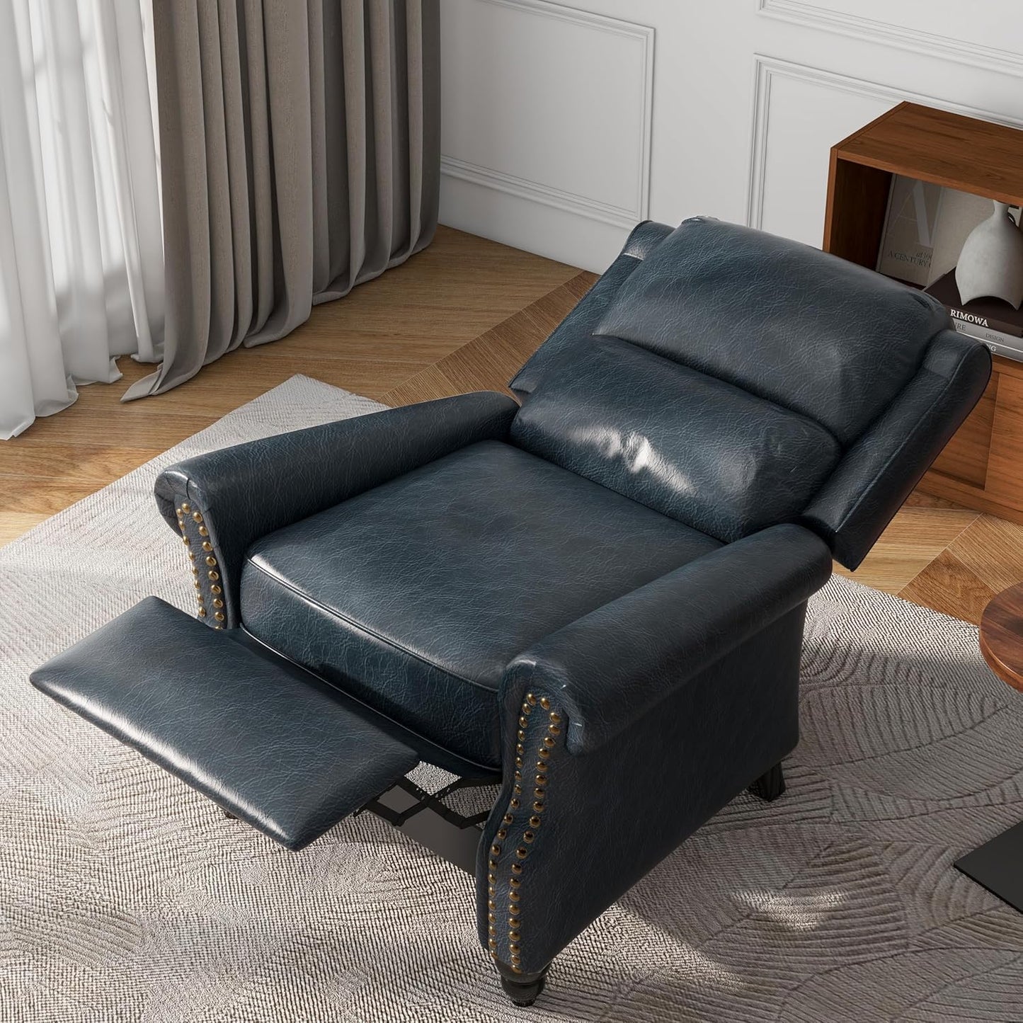 UIXE Pushback Recliner Chair, Faux Leather Armchair Overstuffed Accent Chair for Living Room, Rivet Trim Club Chair Home Theater Single Sofa Bedroom Side Reading Seat - Navy Blue