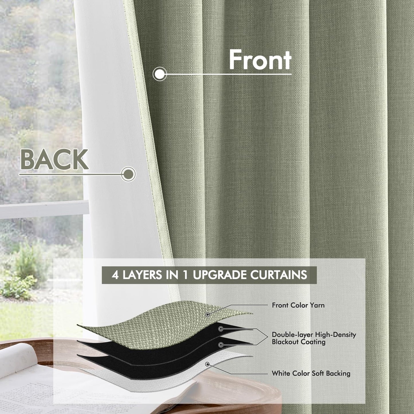 MIULEE 100% Blackout Curtains 102 Inch Long 2 Panels for Bedroom, Thick Luxury Faux Linen Black Out Curtain Room Darkening Back Tab Pleat Window Textured Drapes with Hooks for Living Room, Sage Green