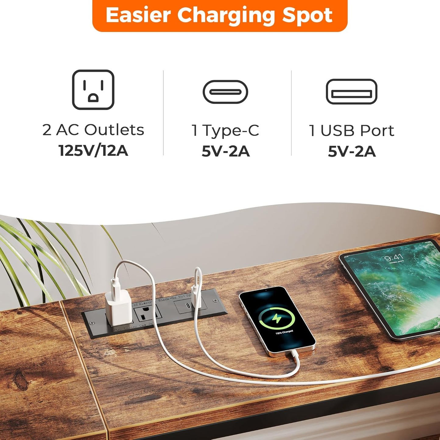 SUPERJARE Console Table with Outlet, 63 Inch Sofa Table with Charging Station, Narrow Entryway Table, Behind Couch Table, for Living Room, Plants - Rustic Brown
