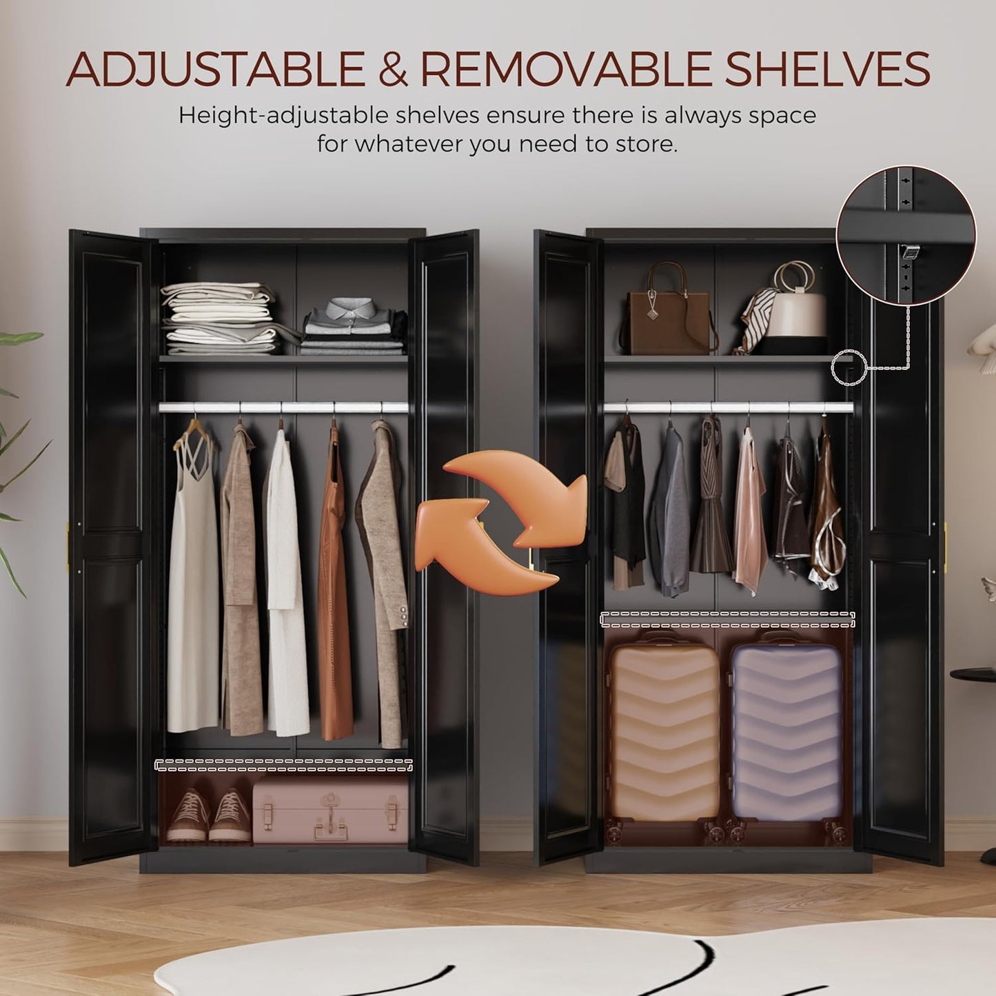 71" Metal Armoire Wardrobe Closet with 2 Doors, Tall Wardrobe Cabinet with Hanging Rod and Adjustable Shelves, Black Clothing Storage Cabinets for Bedroom, Laundry Room, Home Office