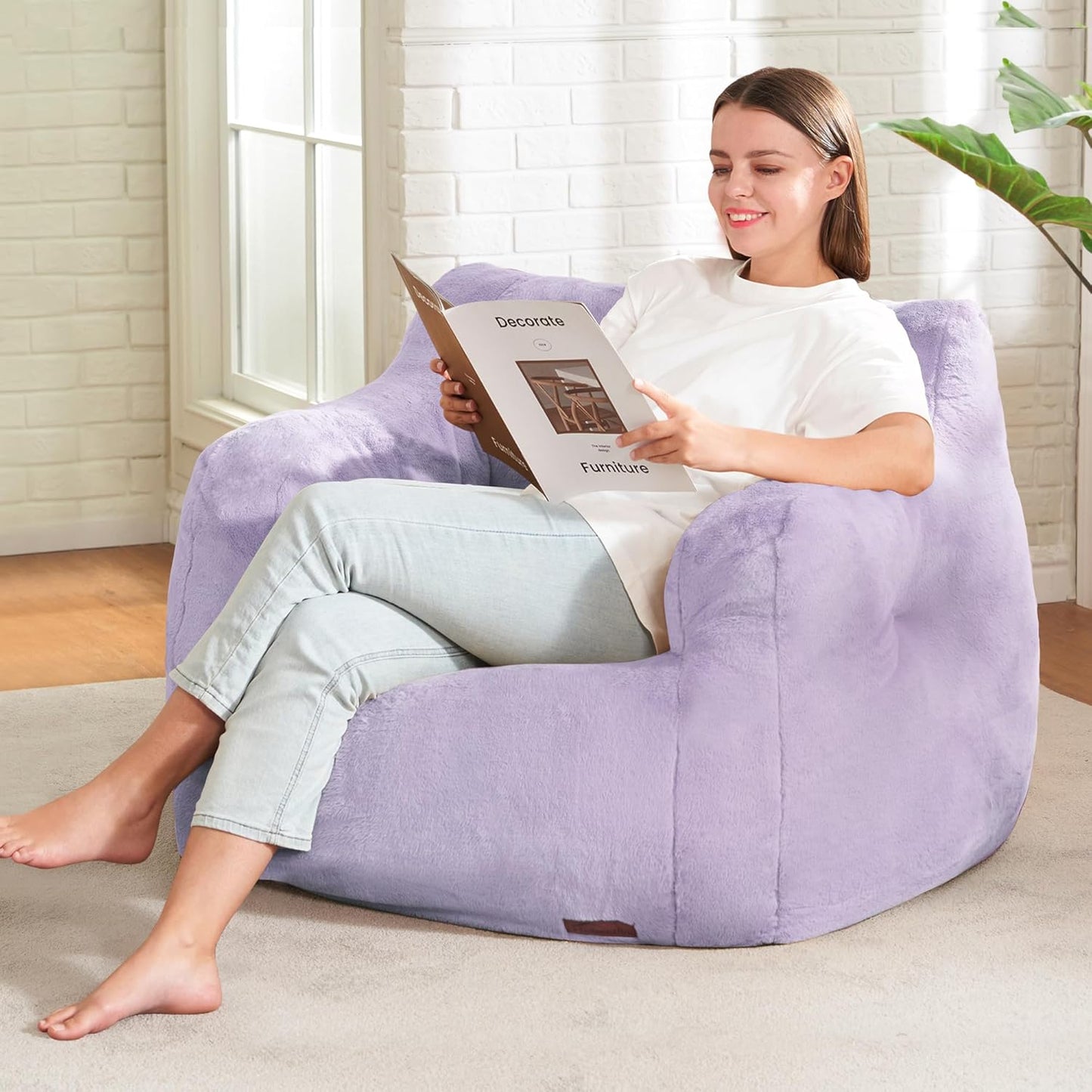 Hobestluk Bean Bag Chair for Adult Small Bean Bag Chairs with Arms Furry Beanbag Chair with Foam Filler Stuffed Bean Bag Sofa for Reading in Bedroom Living Room and Dorms (Purple)