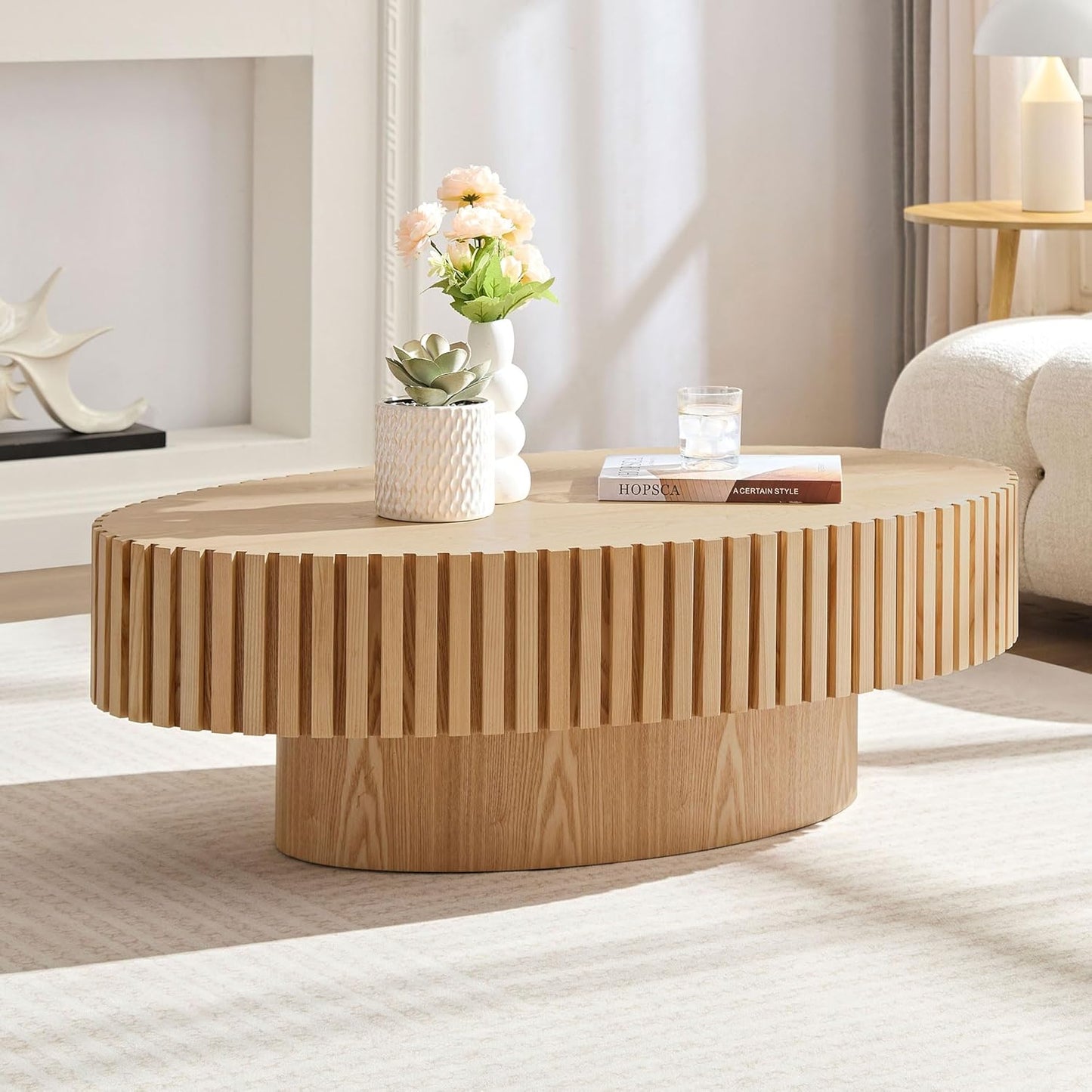 Oval Coffee Table for Living Room, Modern Fluted Coffee Tables with Pedestal Base, Handcrafted Centre Tea Tables Easy Assembly-43.7" Natural