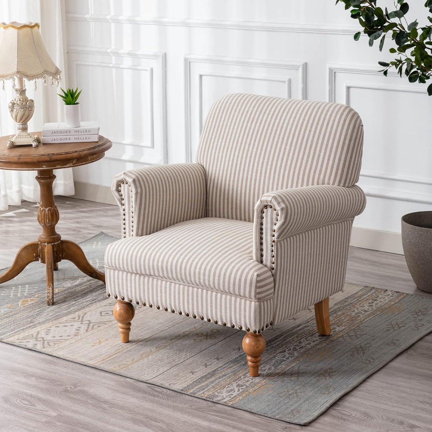 chairus Linen Accent Chair for Living Room Set of 2 Upholstered Mid Century Modern Single Sofa Chair with Solid Wood Legs Comfy Reading Chair Armchair for Bedroom/Office/Recption/Lounge, Khaki Stripe