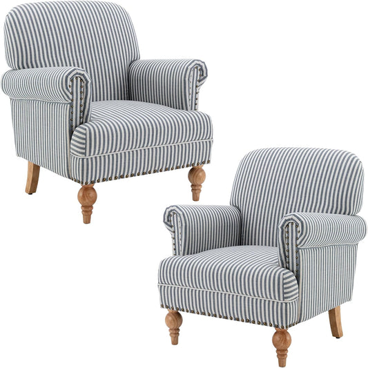 chairus Linen Accent Chair for Living Room Set of 2 Upholstered Mid Century Modern Single Sofa Chair with Solid Wood Legs Comfy Reading Armchair for Bedroom/Office Room/Recption/Lounge, Blue Stripe
