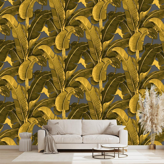 Vintage Gold Banana Leaf Bathroom wallpeper Living Room Bedroom Tropical Plant Wall Mural - 91"x65" (Not Peel and Stick)