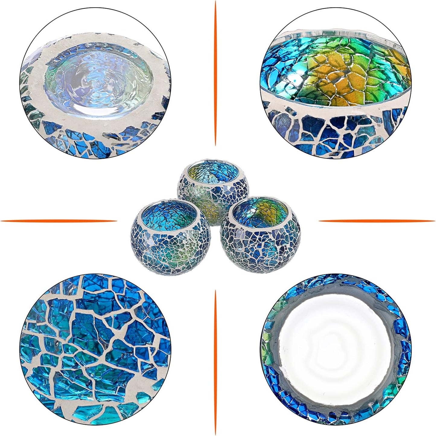 OwnMy Set of 3 Blue Mosaic Glass Tea Light Holders Round Bowl Votive Candle Holders Pillar Candle Stands, Glass Mosaic Tealight Holders Potted Plant Bowl Vase Candle Centerpiece for Table Wedding