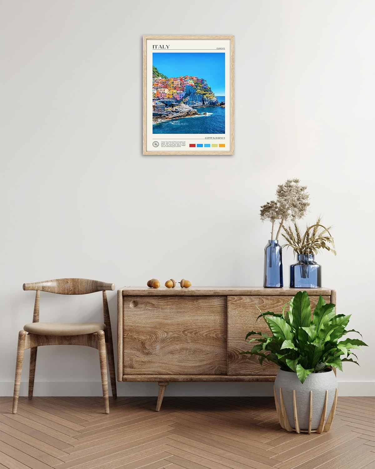 HesenDot Natural OAK Wood Framed Cinque Terre National Park Wall Art,12x16in Italian Natural Seascape Canvas Wall Print,Classic Urban Landmark Wall Decor for Living Room, Bedroom,Office Set of 1