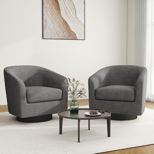 Swivel Barrel Accent Chair, Modern Round Linen Arm Chair for Living Room, Bedroom, Comfy Club Reading Chairs for Adults（Linen Fabric, Grey, Set of 2