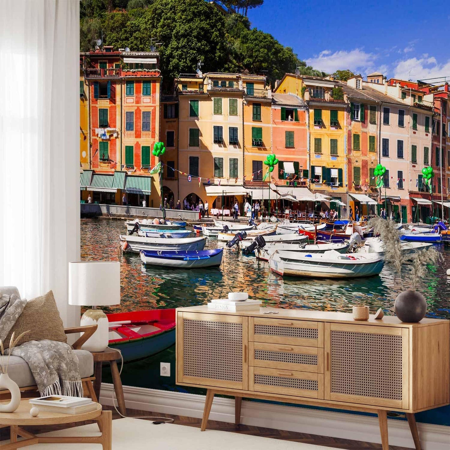 artgeist Wall Mural Architecture 216x98 in - XXL Non-Woven Corner Wallpaper Fleece Angle Wall Decor Photo Print Picture Image Design Modern City Lake Boat Like Painted d-B-0297-a-a